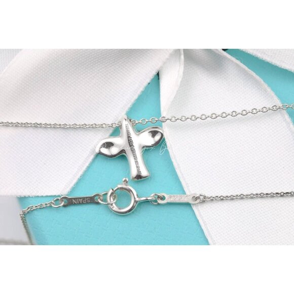 Tiffany & Co Elsa Peretti Mini Dove Bird Cross Pendant 16" Necklace Silver w/ Po - Picture 4 of 9